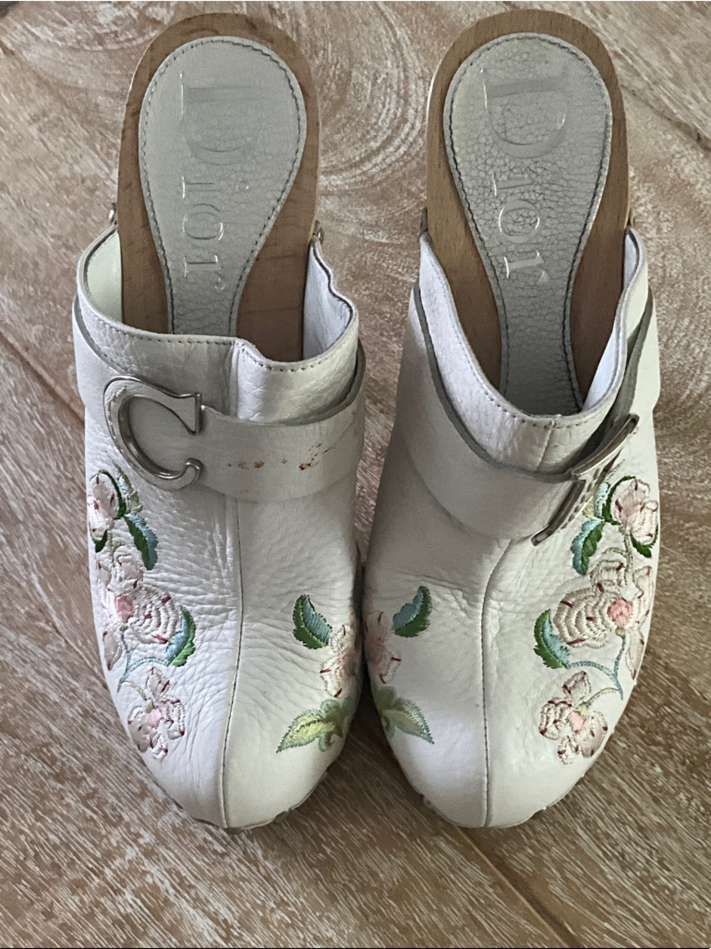 Dior White Leather Floral Embroidered Slide Clogs with Silver Buckle